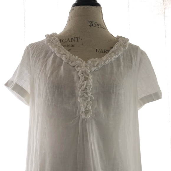 Talbots Petite Linen White Blouse Short Sleeve Ruffled Neckline - Picture 2 of 10